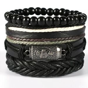 4‎ Men's leather bracelets set layered beaded black new d100
